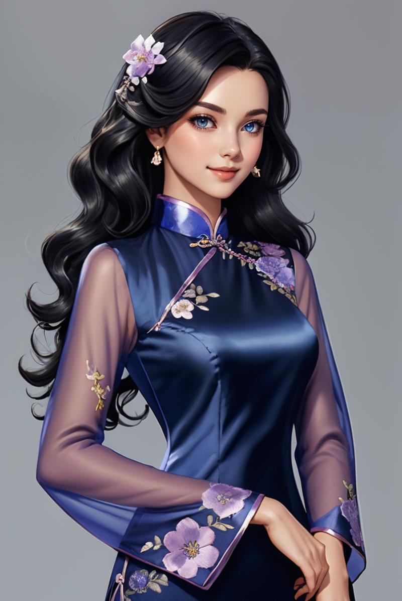 00157-Concept Art for Video Games cowboy shot, (black wavy hair_1.3), woman,  smile, ch30ngs4m_1,  blue long silk cheongsam, silver an.png